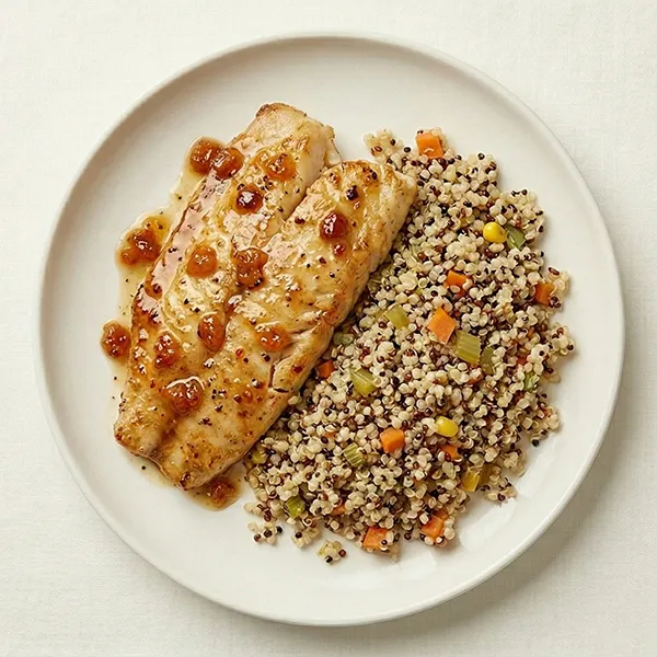 Butter Bake Fish With Golden Berry Glaze and vegetable quinoa pilaf